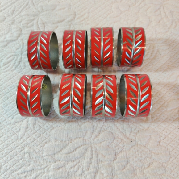 Christmas Vintage Metal Red And Silver Etched Napkin Ring Holders, 8 Holiday Set - Picture 1 of 5
